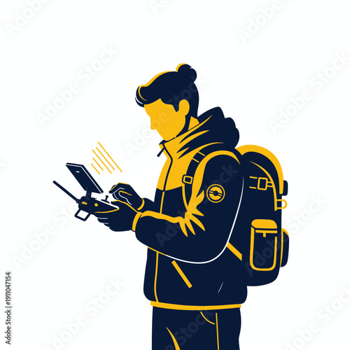 Modern Explorer With Drone And Controller For Aerial Photography