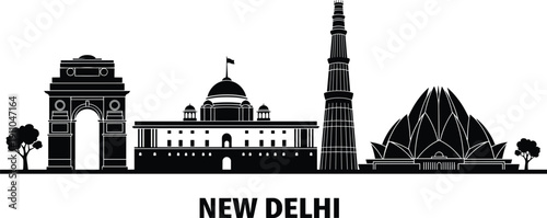 New Delhi City Skyline Silhouette Featuring India Gate Rashtrapati Bhavan Qutub Minar and Lotus Temple Landmarks Vector for India Travel Design
