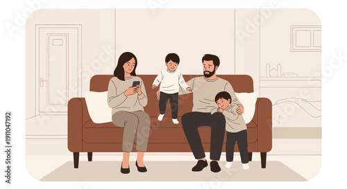 Modern Family Relaxing On Couch With Mobile Phone Usage