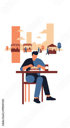 Modern Illustration of Man Enjoying Meal Outdoors at a Vibrant City Street Food Market