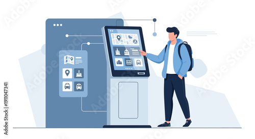 Modern Interactive Display: Tourist Navigating Information Kiosk for Travel Assistance