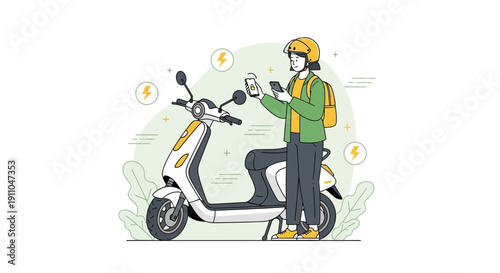 Modern Mobility Concept Electric Scooter Rider Using Mobile App For Transportation