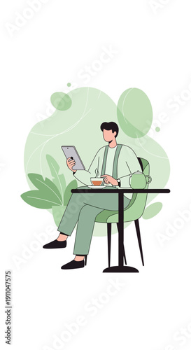 Modern Man Enjoys Coffee And Tablet At Outdoor Cafe