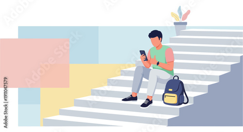 Modern Person Relaxing On Stairs Using Smartphone