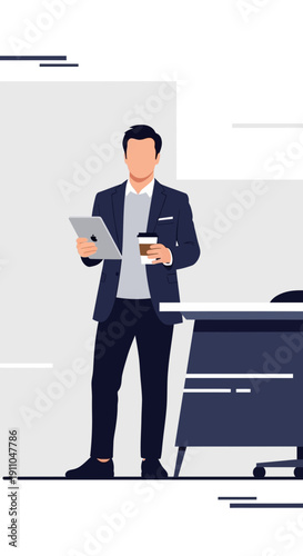 Modern Professional Man Working On Tablet With Coffee In Office Setting