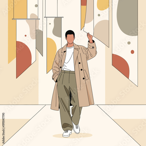 Modern Man Striding Down Fashionable Runway Amidst Abstract Art Displays