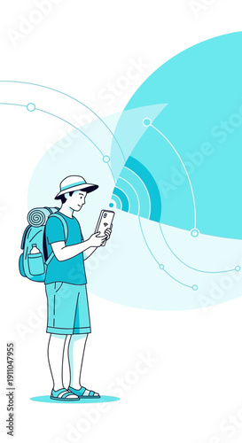 Modern Traveler Navigating Connectivity Through Digital Device Outdoors