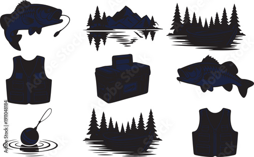 Dark blue silhouettes illustrating fishing equipment and natural outdoor scenes