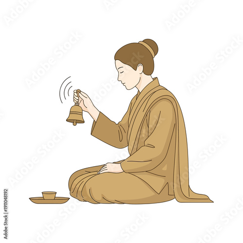 Monk Rings Bell Meditation Ritual Serene Spiritual Practice Offering
