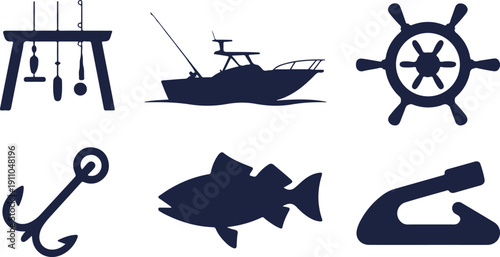 Diverse set of nautical and marine icons for fishing vessels and essential equipment on the open water