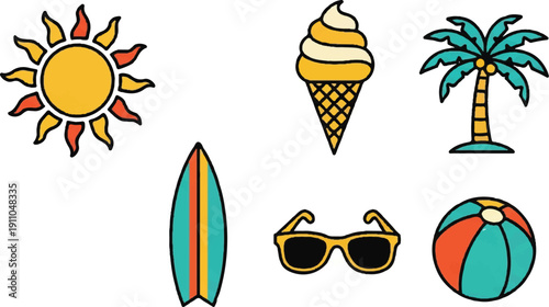 Summer icons set featuring beach objects and holiday elements