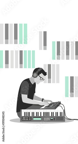 Musician Creating Electronic Beats With Synthesizer And Headphones