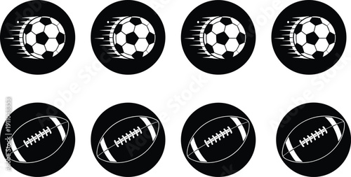 Set of American football and soccer ball icons with speed lines, black and white sports vector graphics isolated on white,