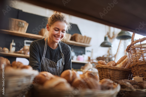 Smiling bakery worker arranging fresh bread in artisan shop with warm rustic atmosphere.