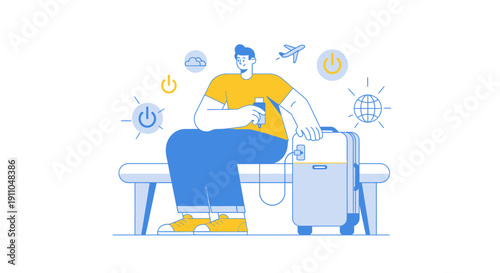 Modern Traveler Charging Devices While Waiting At Airport Terminal