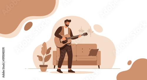 Musician Playing Guitar At Home With Sound Waves Illustration