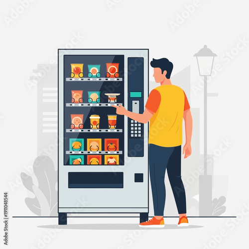 Modern Vending Machine With Assorted Snacks And A Person Selecting A Snack