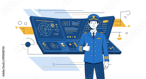 Naval Officer Thumbs Up Beside Advanced Ship Navigation Control Panel