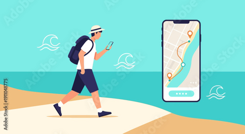 Navigating Coastal Adventures Via Smartphone Map Application On Beach