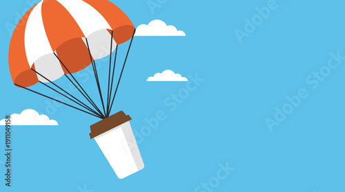Coffee cup flying on a parachute delivering express air delivery  