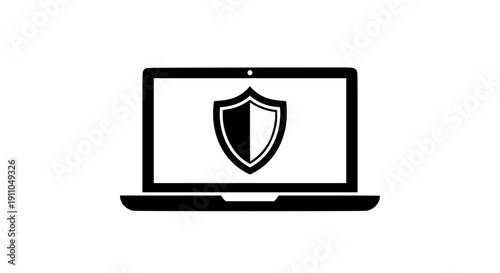 Laptop with security shield icon in black minimalist style