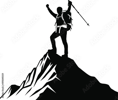 Victorious hiker silhouette on mountain peak with arms raised in triumph