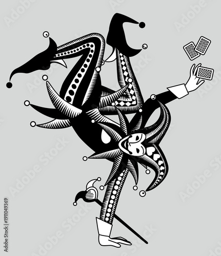 Dancing Joker with playing cards in vintage black and white engraving style. Retro vector illustration.