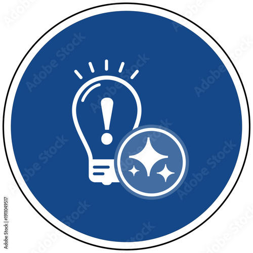 Blaues Gebotsschild Glühbirne mit Ausrufezeichen und Sparkles Symbol für Künstliche Intelligenz KI Innovation Ideen Kreativität und Geistesblitz Vektor