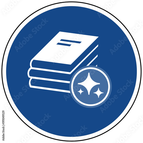 Blaues Gebotsschild Bücherstapel mit Sparkles Symbol für Künstliche Intelligenz KI für Literatur Bibliothek Archiv Wissen und Big Data Analyse Vektor
