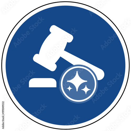 Blaues Gebotsschild Gerichtsgabel Hammer mit Sparkles Symbol für Künstliche Intelligenz KI Recht Justiz Gesetzgebung und automatisierte Rechtsprechung Vektor