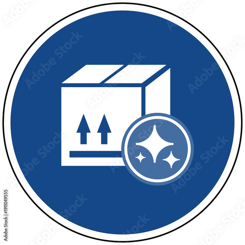 Blaues Gebotsschild Paket Karton mit Sparkles Symbol für Künstliche Intelligenz KI in Logistik Versand Handel und E-Commerce Automatisierung Vektor