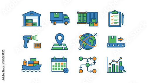Logistics Icons Set with Warehouse, Truck, Shipping Containers and and Infographics