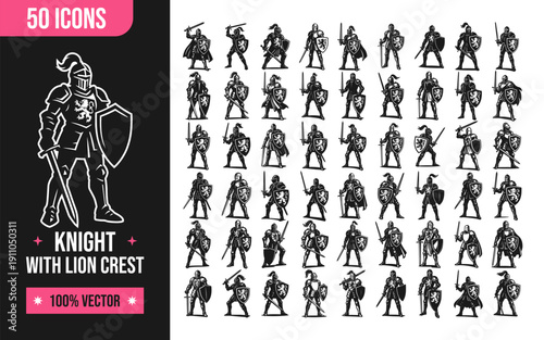 Collection of medieval knights with lion crest in various battle posesv