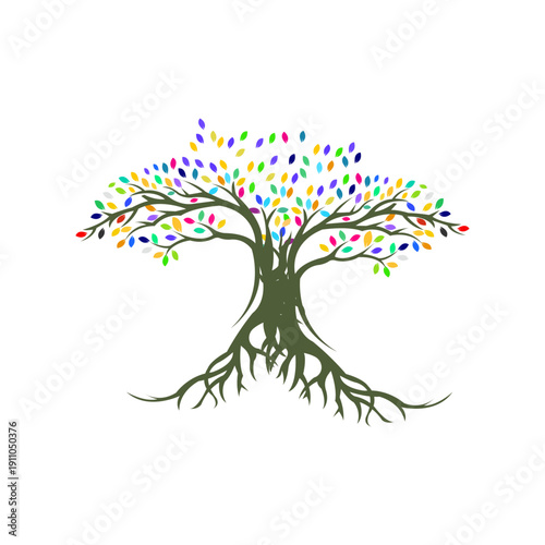 Colorful Tree of Life with Roots  Vector Logo Illustration
