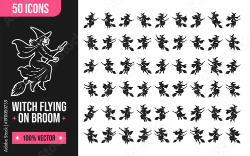 Witch flying on broomstick icons set