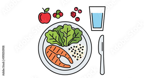 A colorful illustration depicting a plate with salmon salad fruit and a glass of water