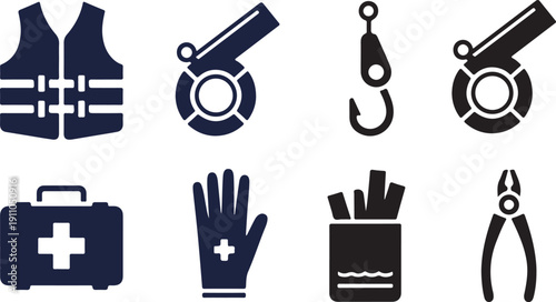 Selection of safety utility and industrial tool icons for marine and healthcare purposes