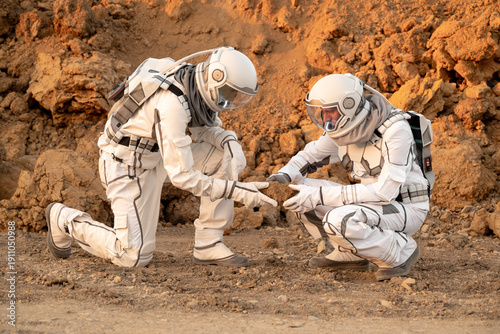 Foto Two astronauts kneeling on the ground and studying a large rock sample together