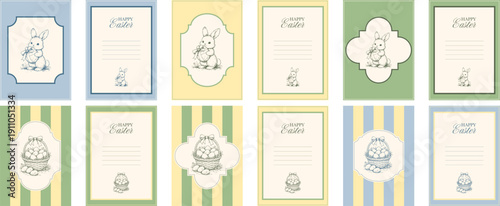 Vintage Easter card set with bunny and egg basket illustrations in pastel blue, green and yellow frames, perfect for spring invitations, greetings and holiday prints