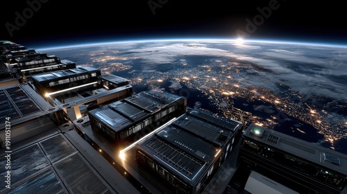 Scalable orbital data center modules floating above planet Earth featuring high-tech storage units