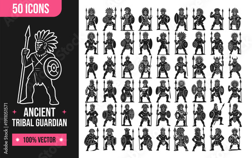Collection of ancient tribal guardian warriors in various poses