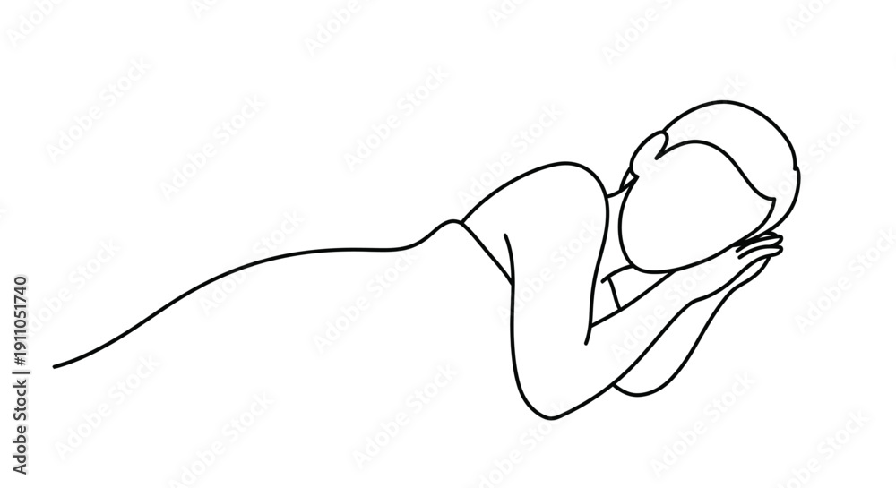 Obraz premium Minimalist line drawing of a person in a fetal position conveying sadness