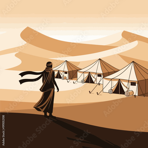 Nomadic Desert Expedition Arriving At Oasis Camp Serene And Vast Sandy Dunes