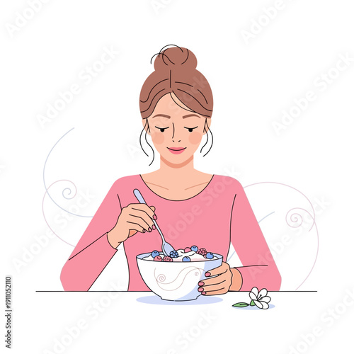 Nourishing Morning Meal Delight A Woman Enjoys A Healthy Breakfast Bowl Of Berries And Yogurt