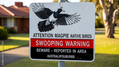 Magpie warning sign on suburban street.