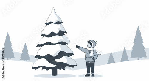 Observing Snowy Evergreen Tree and Pointing in a Winter Wonderland with a Child