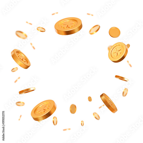 3d flying golden coins set with clover leaves pattern. St. Patrick's Day shiny element. Square format. Rich or casino luck concept. Precious expensive treasure. Stock vector illustration.
