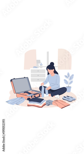 Packing For A Trip Woman Sitting On Floor Preparing Suitcase With Clothes Items