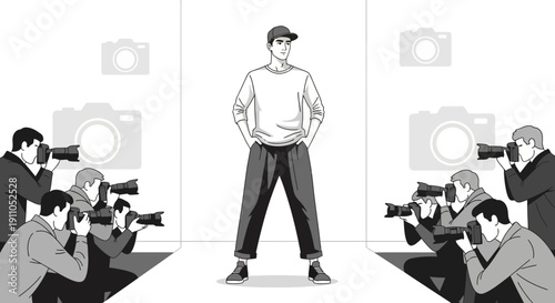 Paparazzi Swarm Famous Individual Amidst Flashing Cameras