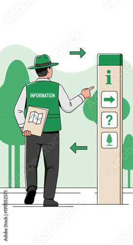 Park Ranger Guides Visitors With Information Signage In Nature Area